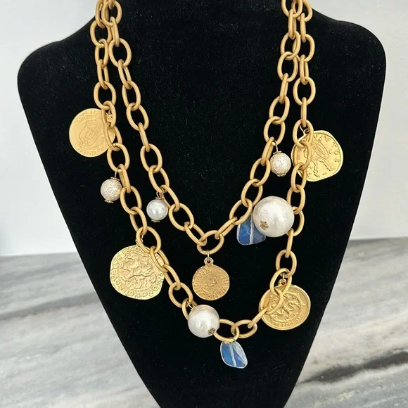 Susan Shaw 24kt hand casted, gold plated statement necklace w coins & pearls. - Picture 4 of 7